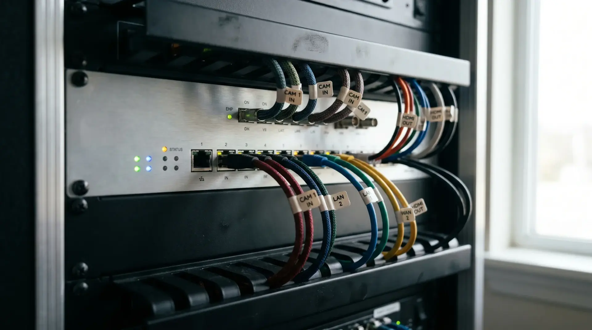 Detailaufnahme eines redundanten Hardware-Encoders mit sauberer Signalverkabelung
