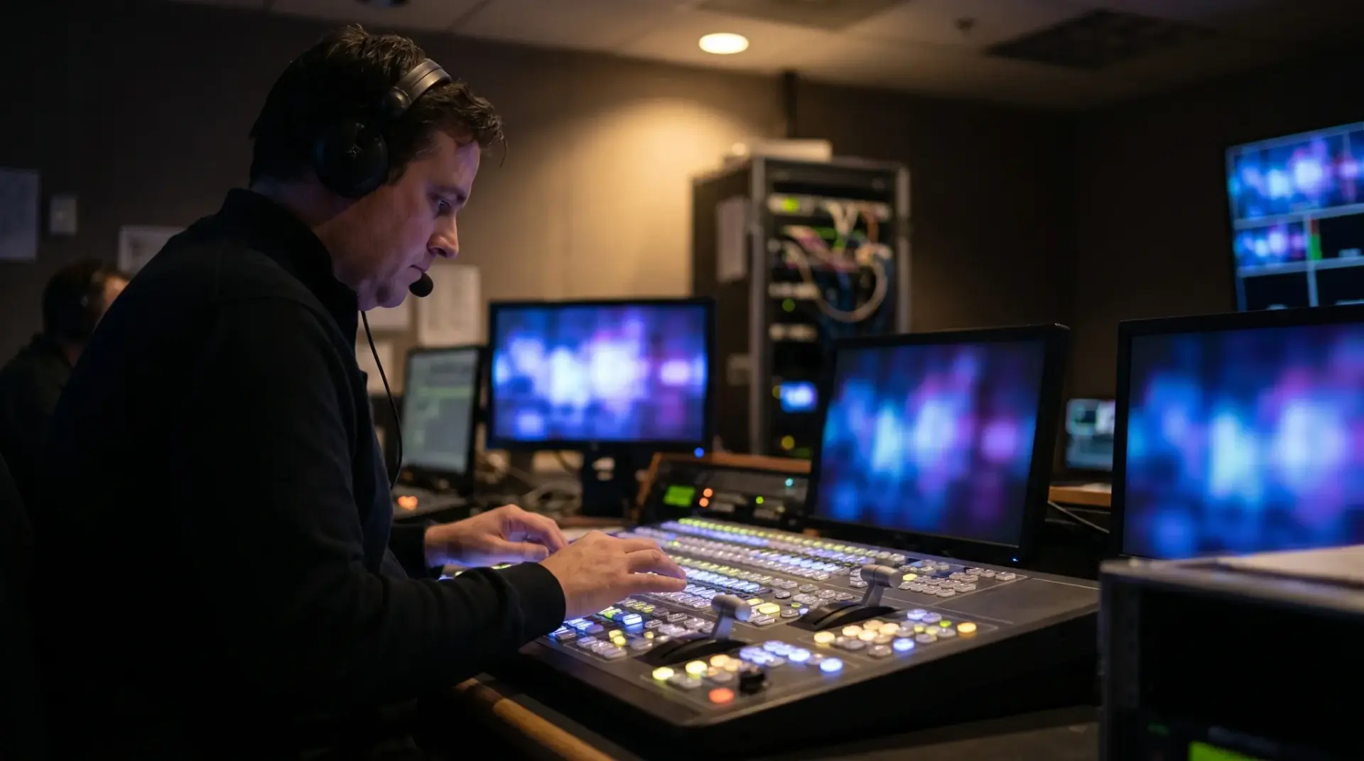 Bildregisseur mischt am Live-Switcher in der Regie die Signale mehrerer Kameras