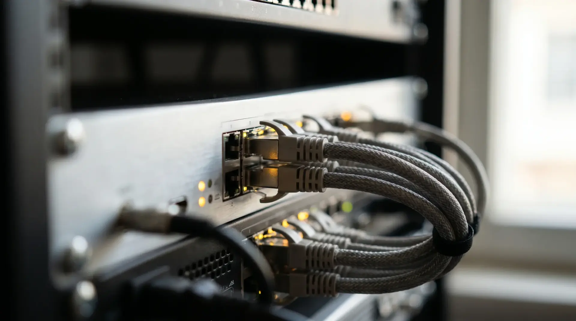 Detailaufnahme eines Hardware-Encoders und der gebündelten redundanten Leitungen im Streaming-Setup