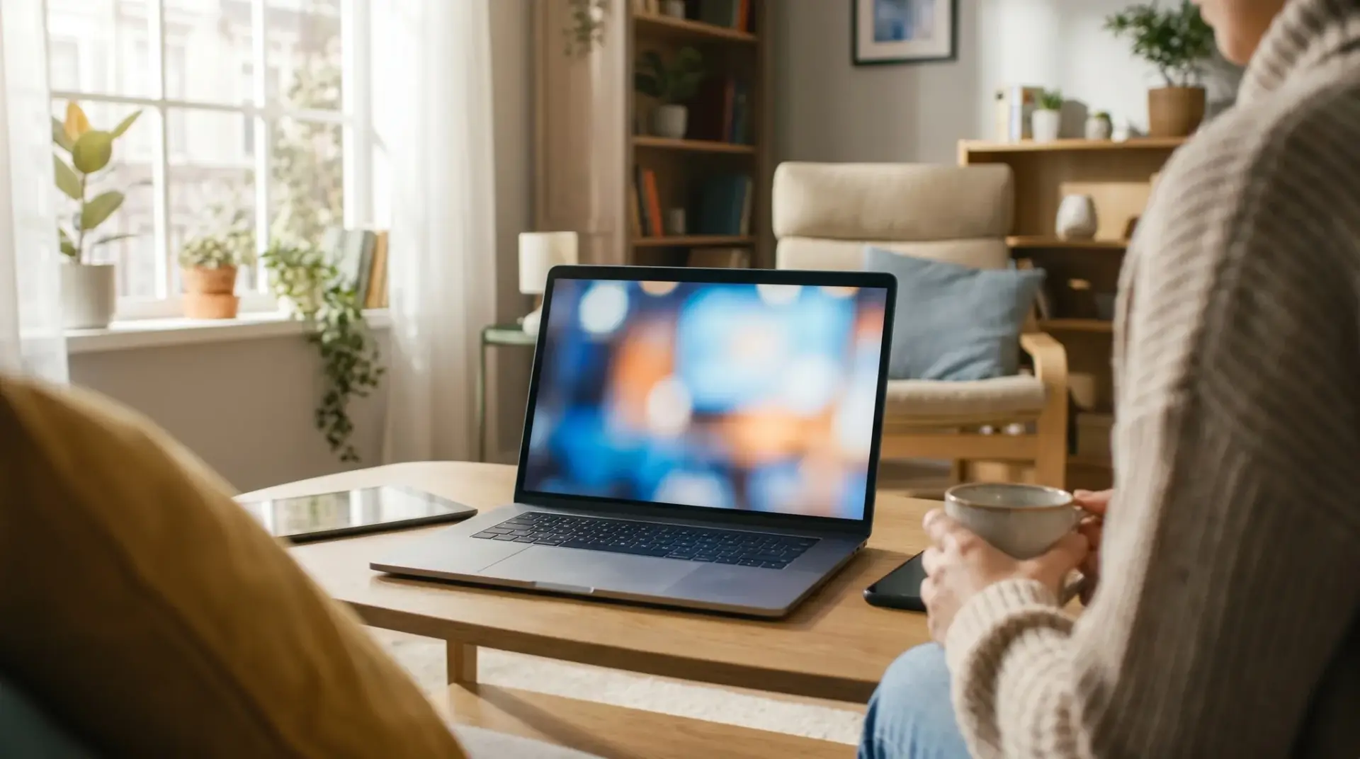 Online-Zuschauerin verfolgt am Laptop einen Livestream eines Kongresses in hoher Qualität