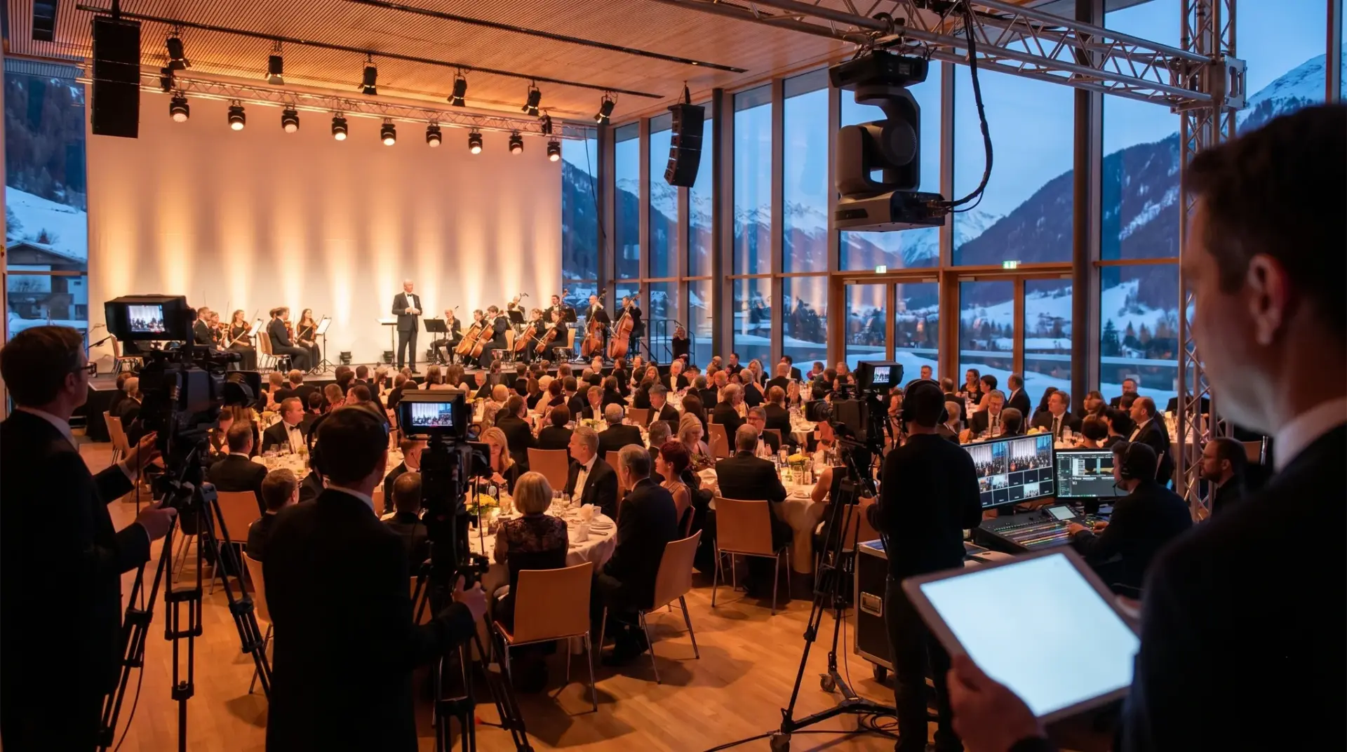 Festlich beleuchtete Gala in einem Kongresszentrum, die mit mehreren Kameras live übertragen wird