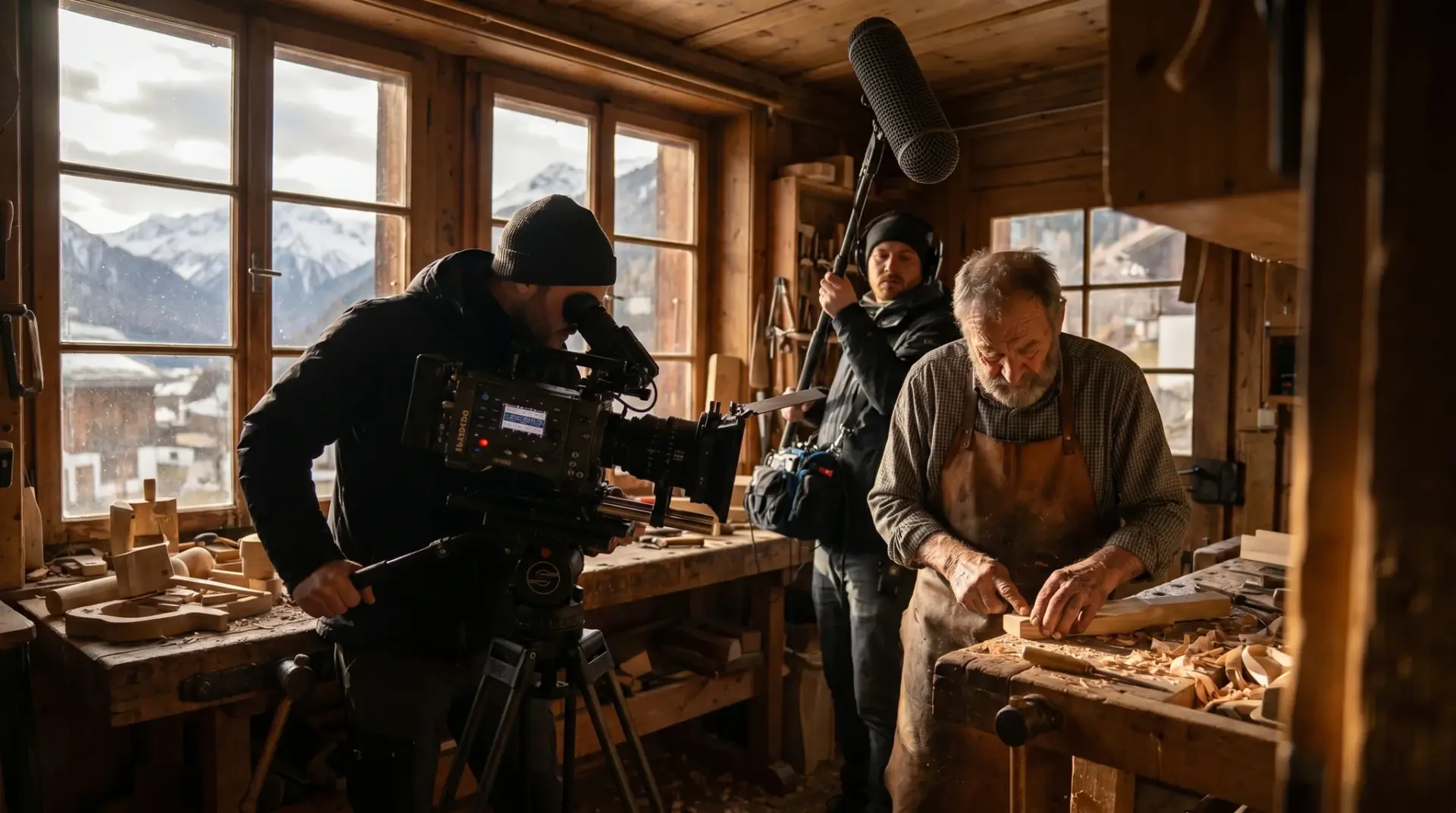 Dokumentarische Kamera filmt einen echten Handwerker bei der Arbeit in einer Werkstatt im Alpenraum