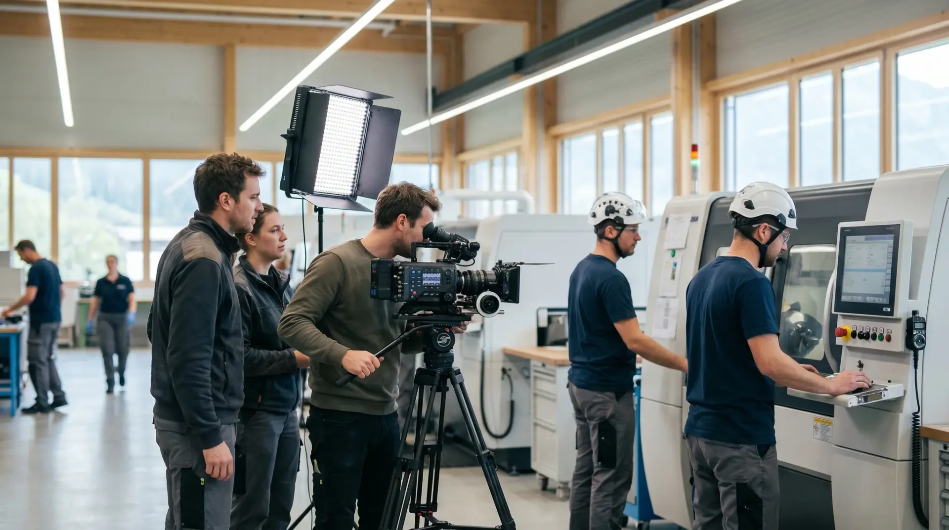 Filmteam dreht den Entstehungsprozess in einer modernen Produktionshalle mit echten Mitarbeitenden