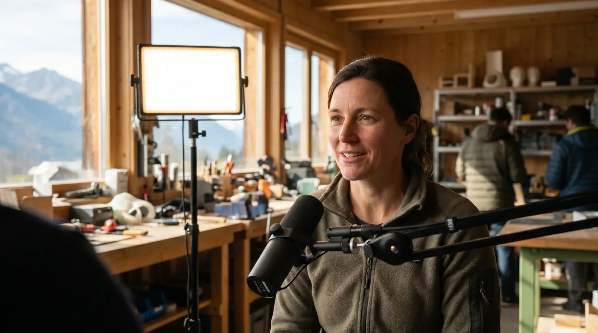 Mitarbeiterin gibt ein Interview vor der Kamera, im Vordergrund ein Shure-Mikrofon