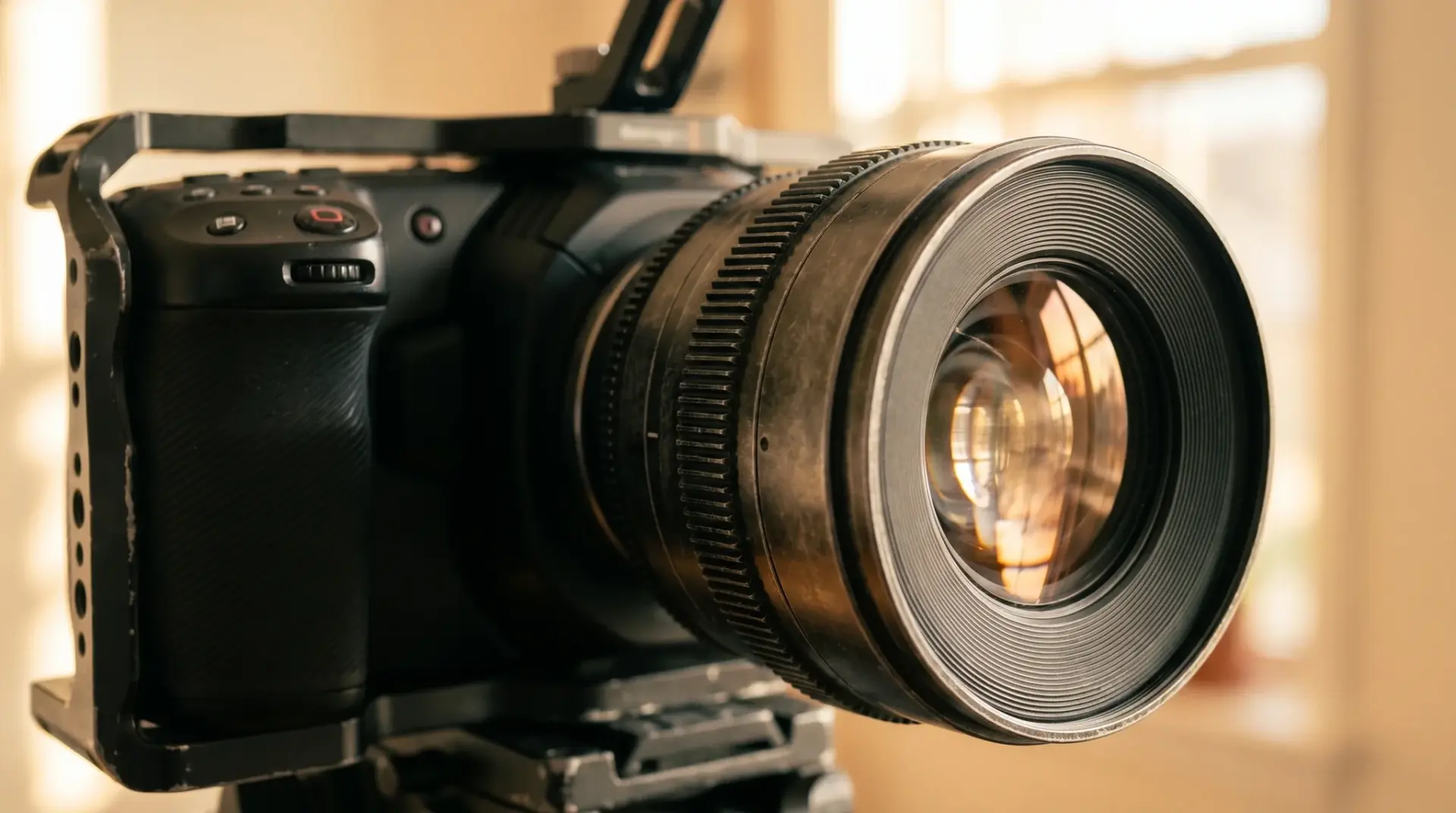 Nahaufnahme der DMZO-Cine-Linse auf der Blackmagic-Kamera während des Markenfilm-Drehs