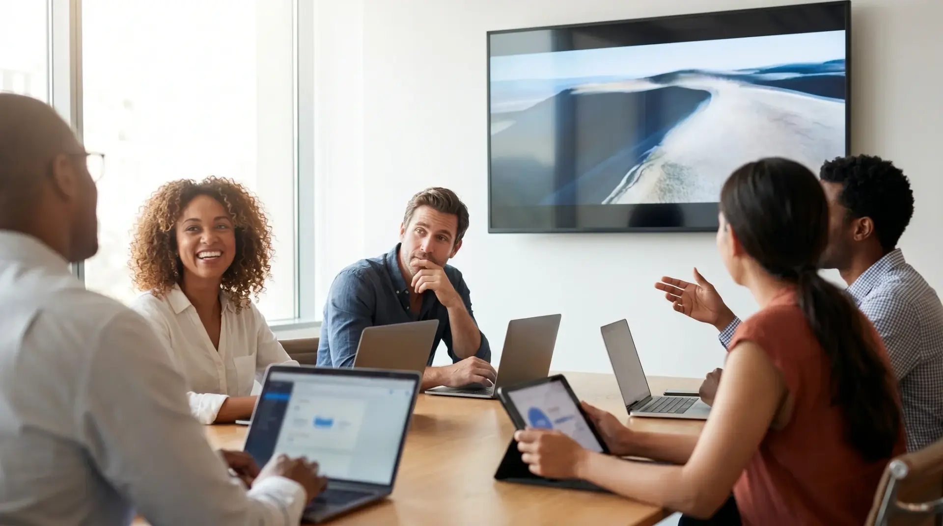 Marketing-Team sieht den fertigen Markenfilm auf einem großen Bildschirm im Meeting
