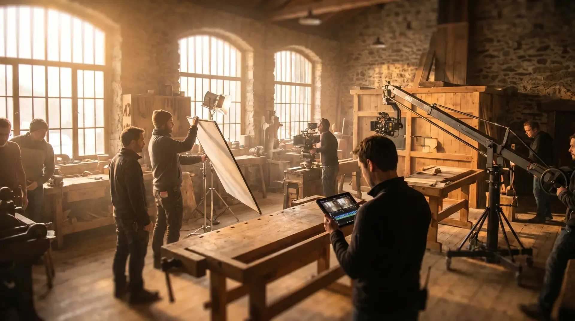 Drehort eines Markenfilms in einer Manufaktur im Alpenraum während der Goldenen Stunde