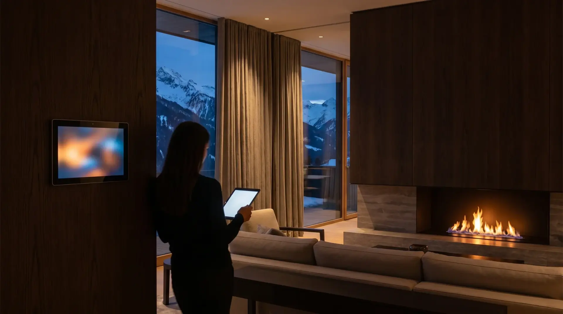Cineastischer Premium-Wohnraum bei Abenddämmerung mit schlankem Touchpanel in der Wand