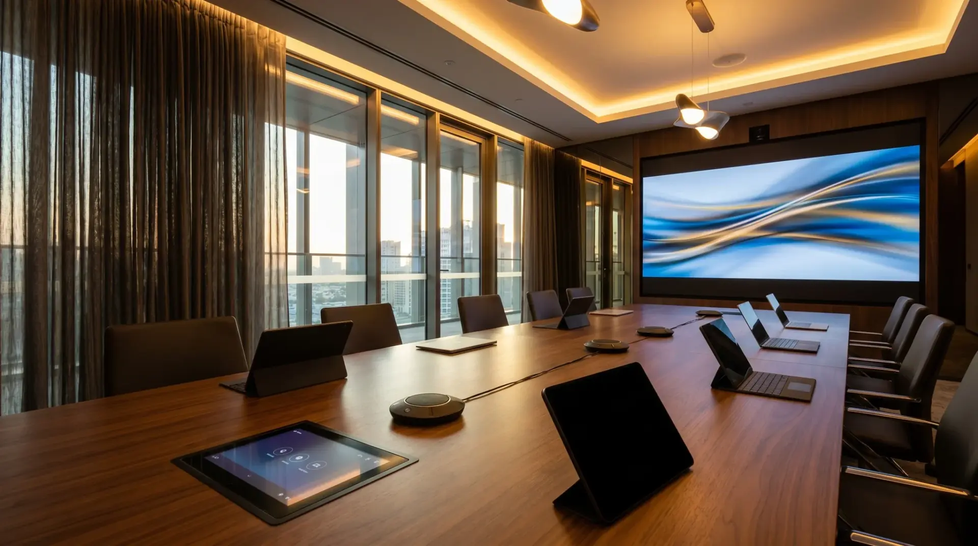 Premium-Boardroom mit integriertem Touchpanel, das Präsentation, Licht und Beschattung steuert