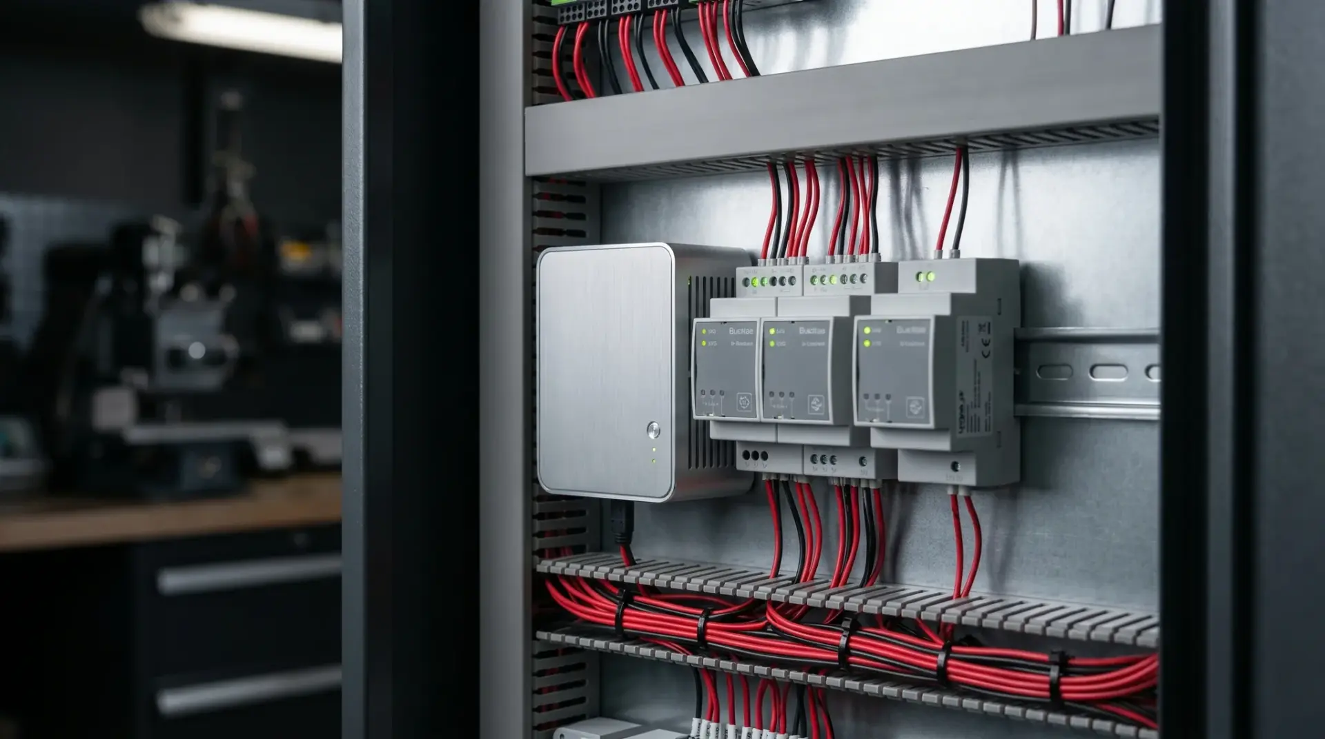Detailaufnahme eines sauber verkabelten Schaltschranks mit Miniserver und Bus-Modulen