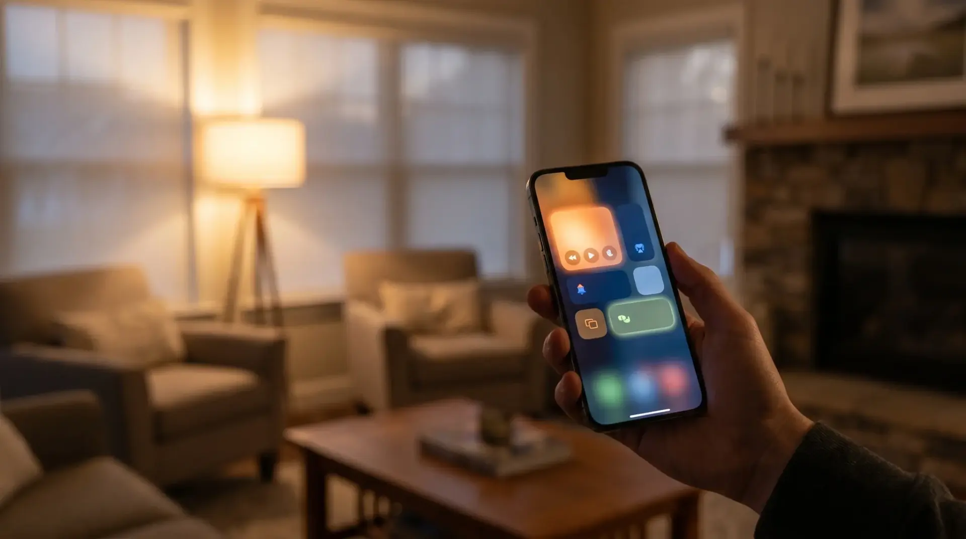 Hand bedient eine Smart-Home-App auf dem Smartphone mit Zonen-Übersicht des Hauses