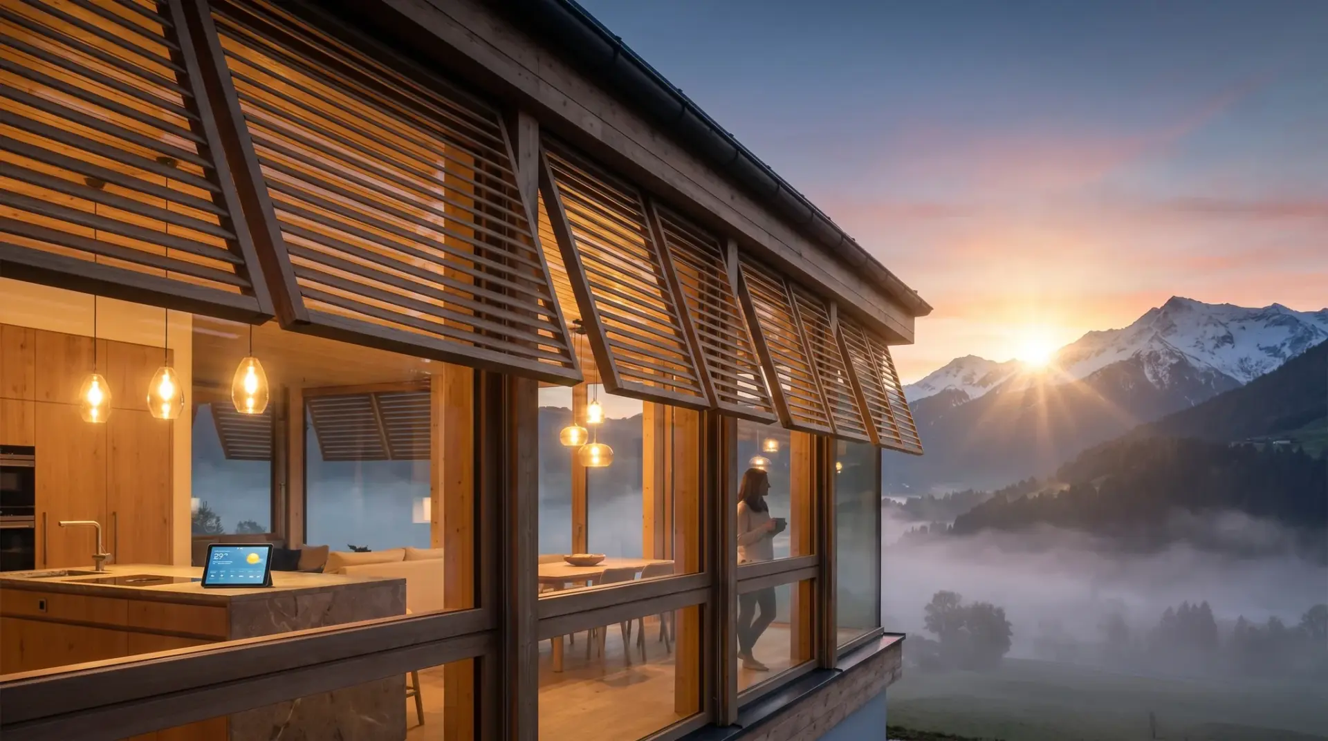 Modernes Premium-Wohnhaus im Alpenraum bei Tagesanbruch mit automatischer Beschattung