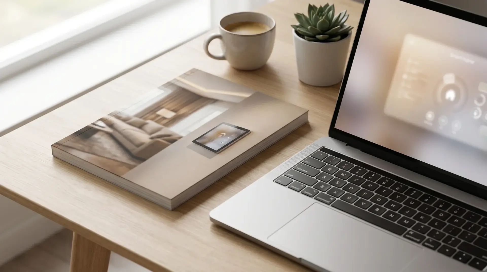 Hochwertiger Mediensteuerung-Leitfaden als Booklet neben einem Laptop auf einem hellen Schreibtisch