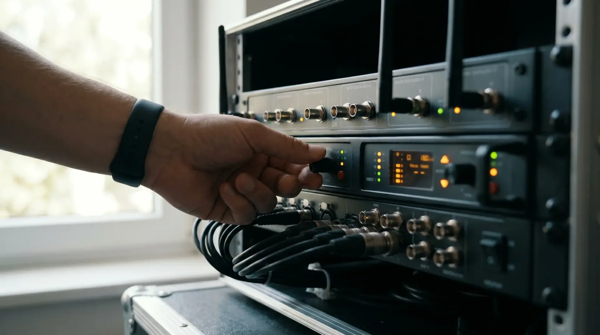 Nahaufnahme eines drahtlosen Funkstrecken-Empfängers und einer Antennen-Verteilung im Rack