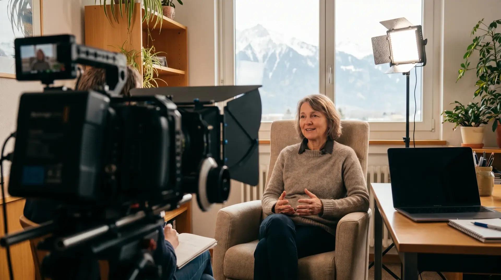 Off-Kamera-Interview einer Mitarbeiterin mit Profi-Lichtsetup im Büro