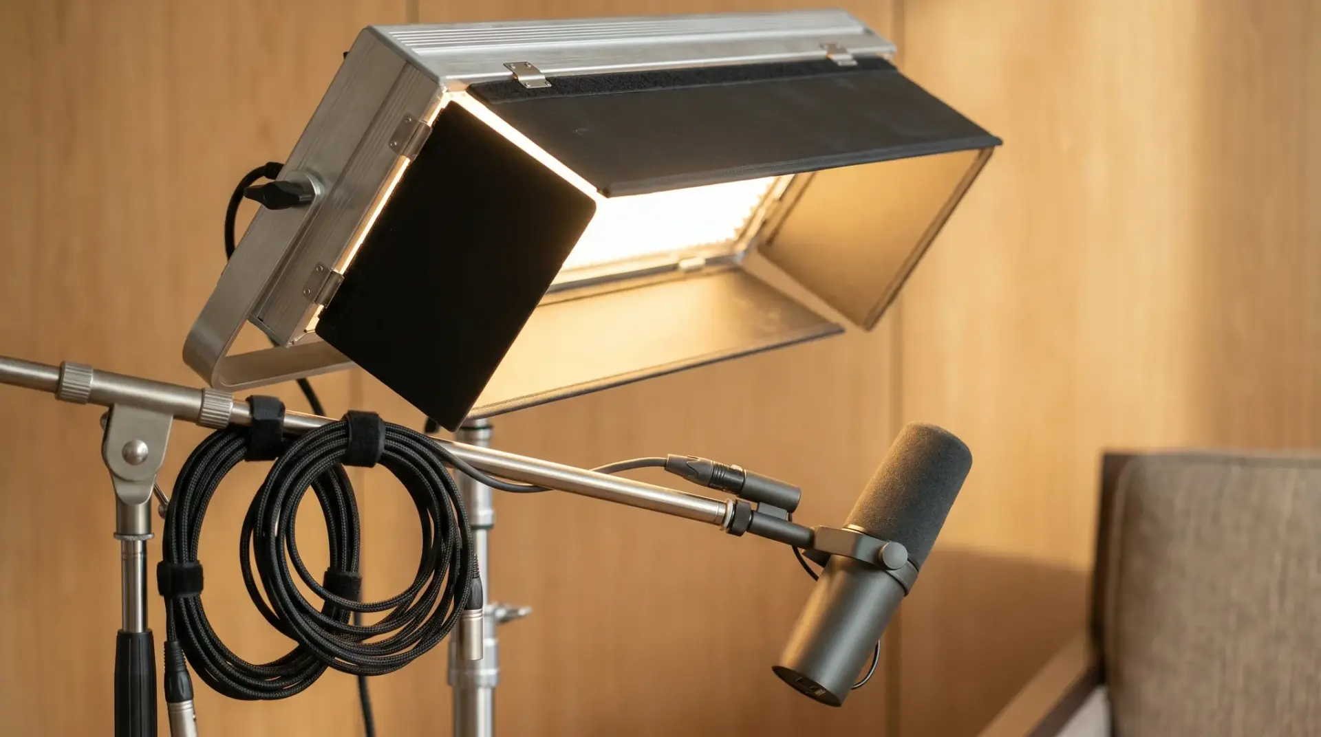 Detailaufnahme von Portrait-LED-Licht und dezentem Mikrofon am Interview-Set