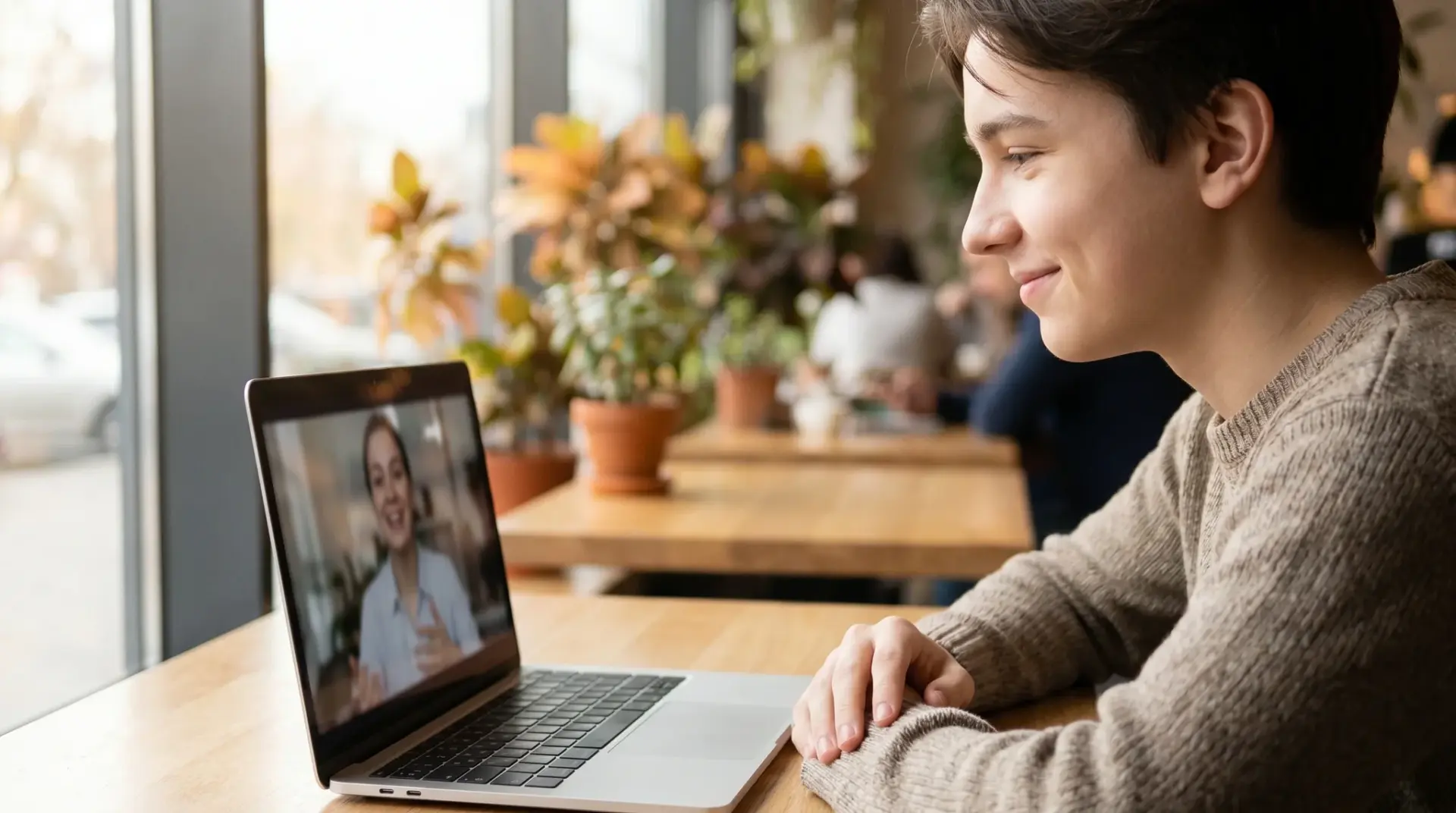 Bewerberin sieht auf dem Laptop ein Mitarbeiter-Portraitvideo auf der Karriereseite