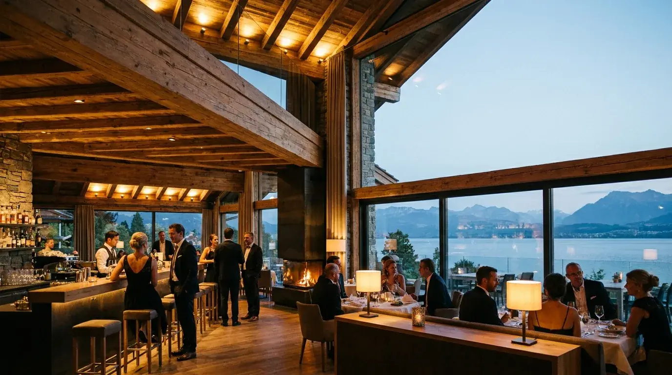 Elegantes Hotelrestaurant mit Bar am Abend, stimmige Atmosphäre durch unsichtbare Mehrzonen-Beschallung
