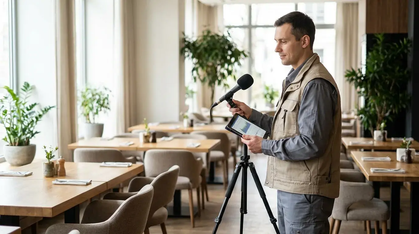 Techniker der MULTIMEDIAFABRIK misst die Raumakustik in einem hellen Restaurant mit Mess-Mikrofon und Tablet