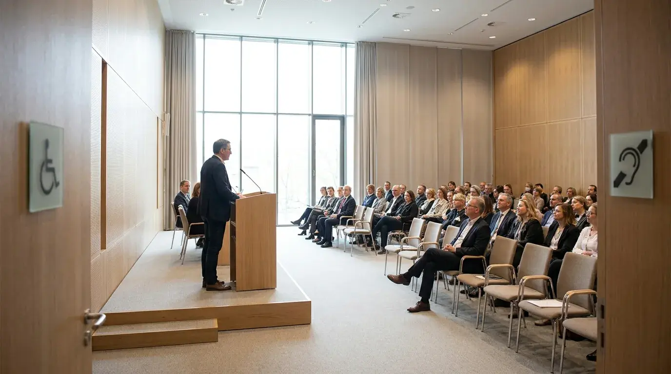 Heller, akustisch optimierter Saal mit Rednerpult und Publikum — Sprachverständlichkeit und Höranlage