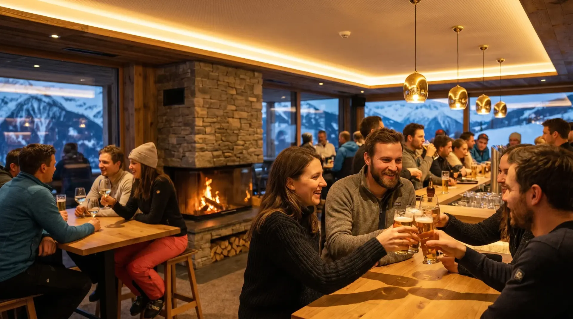 Belebte Bar am Abend im Alpenraum mit lebendigem, zonengerechtem Sound-Ambiente