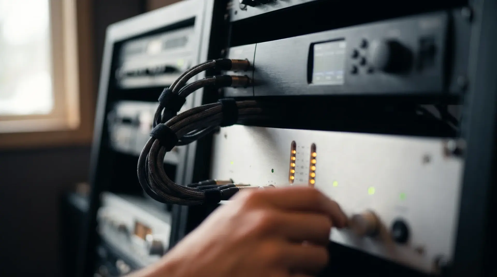 Detailaufnahme eines mehrkanaligen zonenfähigen Verstärker-Racks mit digitaler Signalverarbeitung