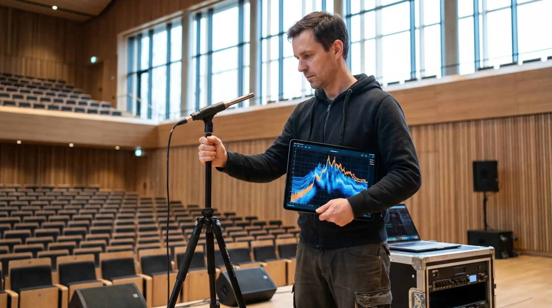 Akustiker misst die Sprachverständlichkeit einer Beschallung mit einem Messmikrofon ein