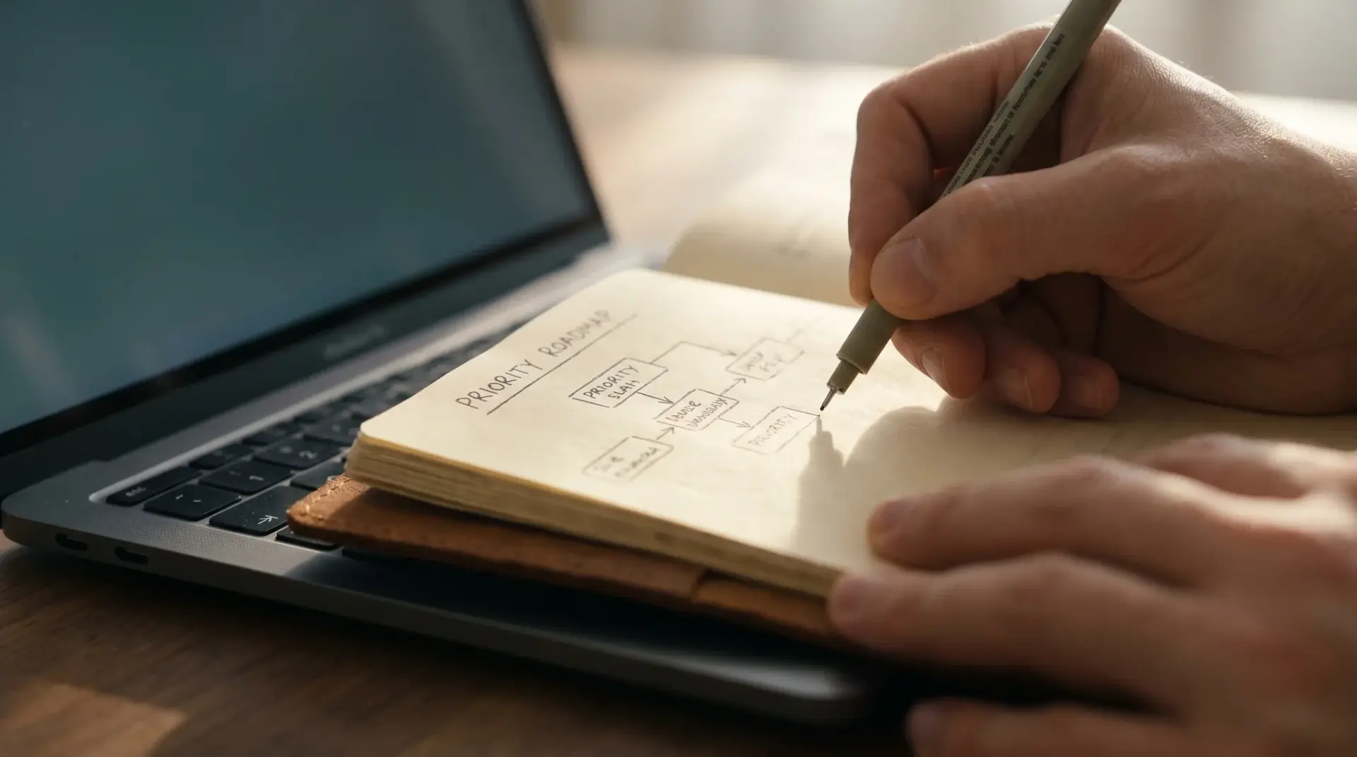 Nahaufnahme einer handschriftlich priorisierten Roadmap mit Aufwand-Wirkungs-Matrix