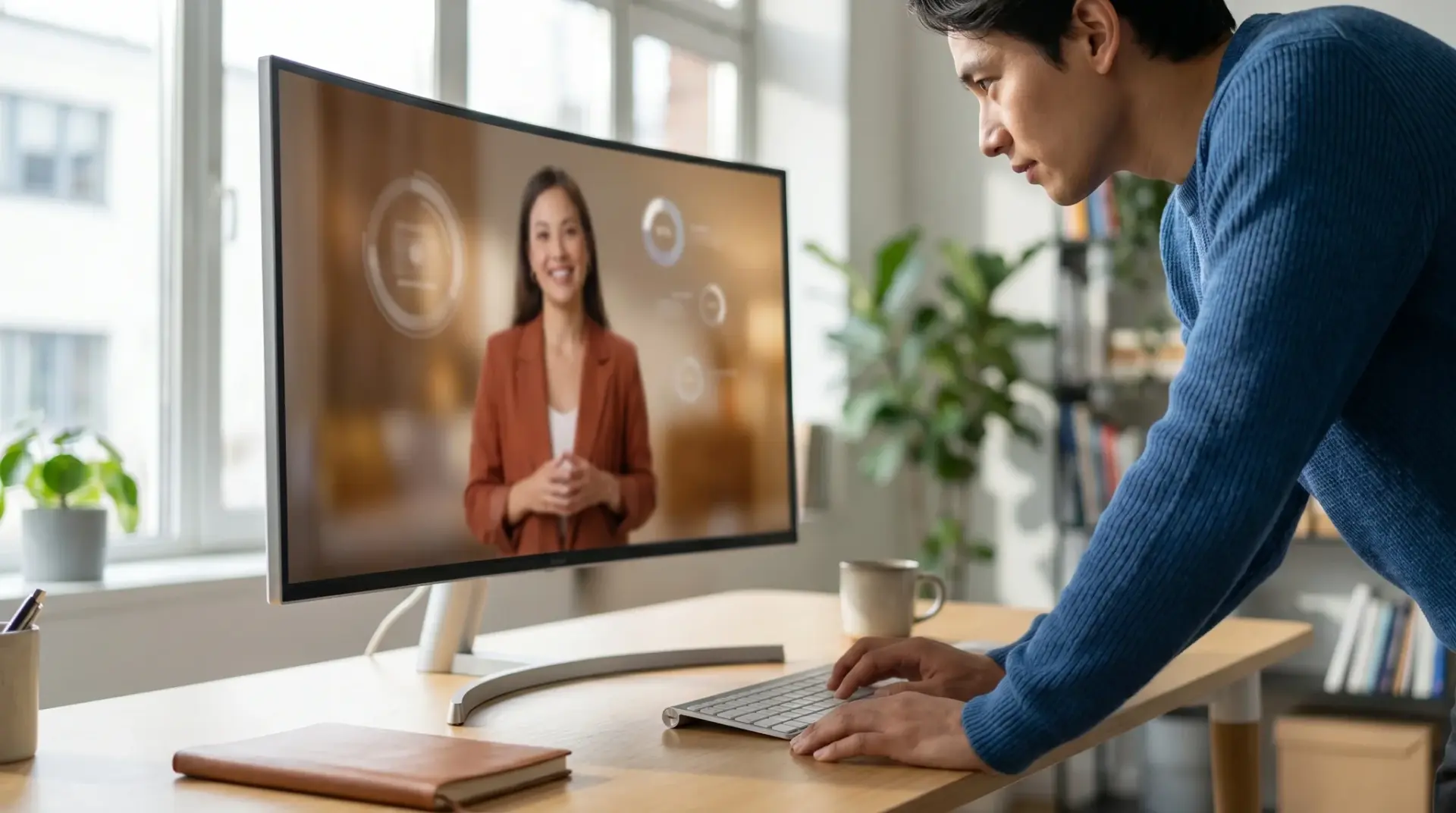 Website-Besucher interagiert am Bildschirm mit dem interaktiven Video-Bot und folgt dem Gespräch