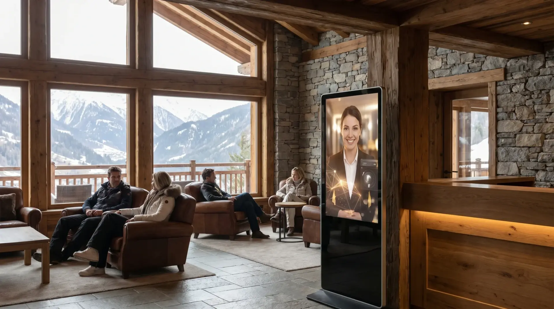 Digitaler Empfang in einer Hotellobby im Alpenraum mit Bildschirm-Video-Assistent