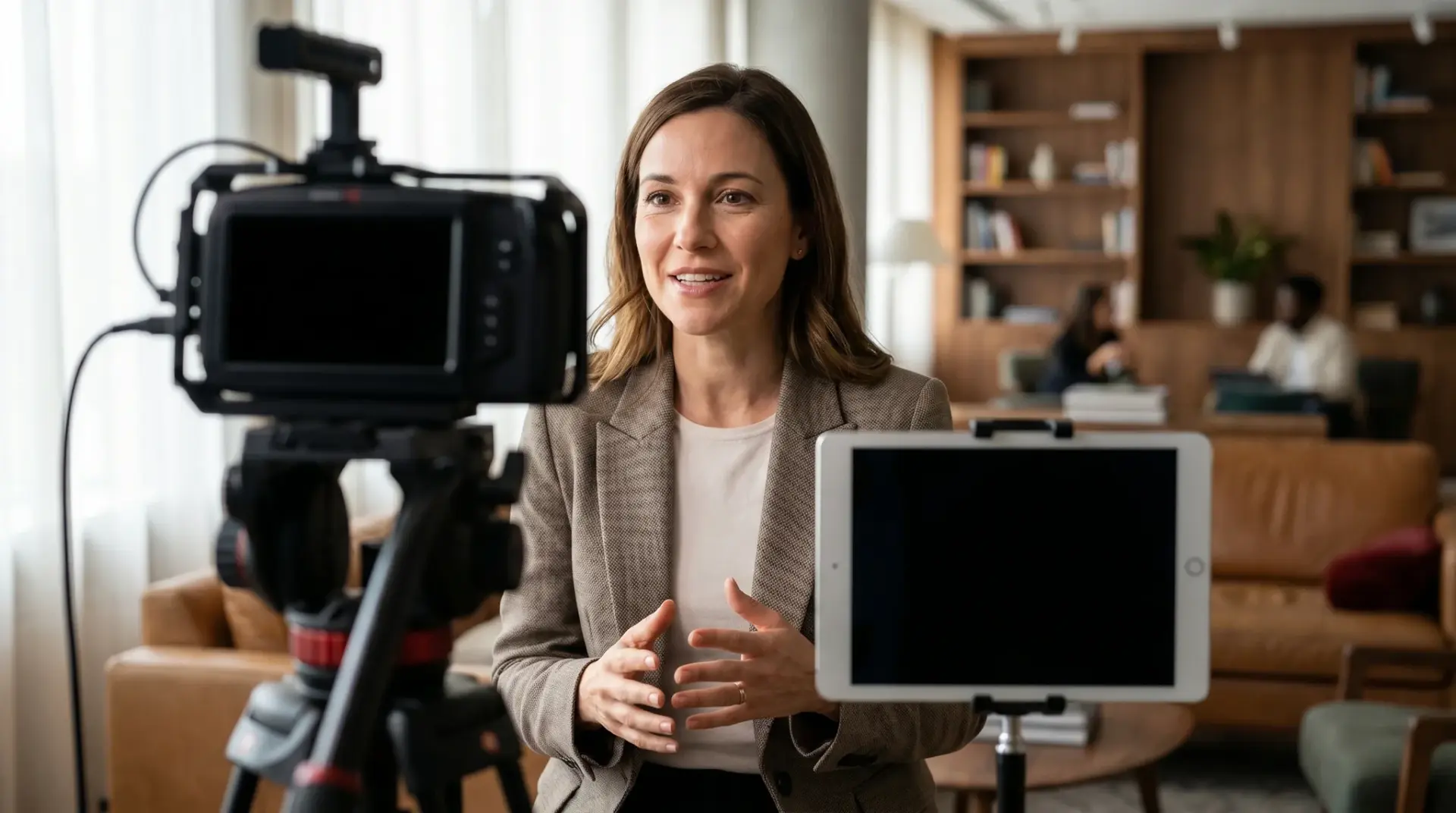 Talking-Head-Aufnahme einer Sprecherin für eine kurze Social-Media-Clip-Serie