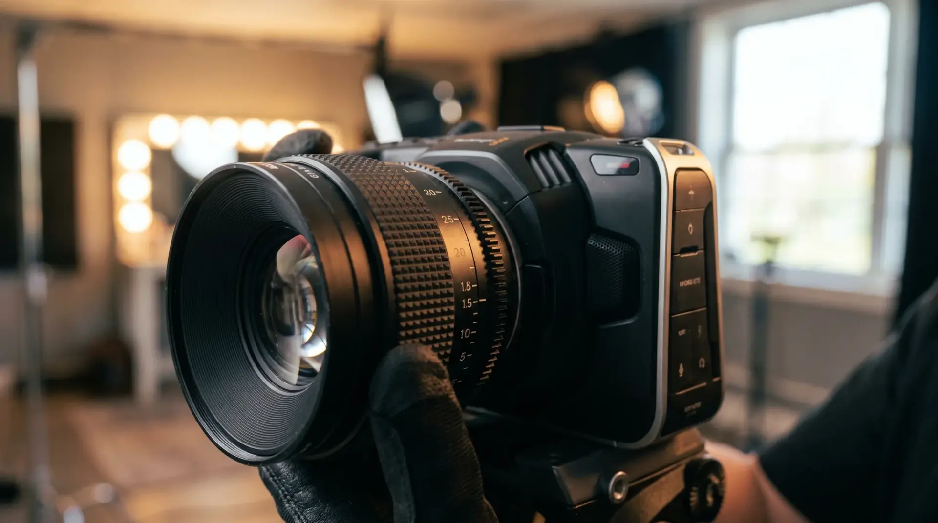 Nahaufnahme einer Blackmagic-Cinema-Kamera mit DMZO-Cine-Linse beim Clip-Dreh