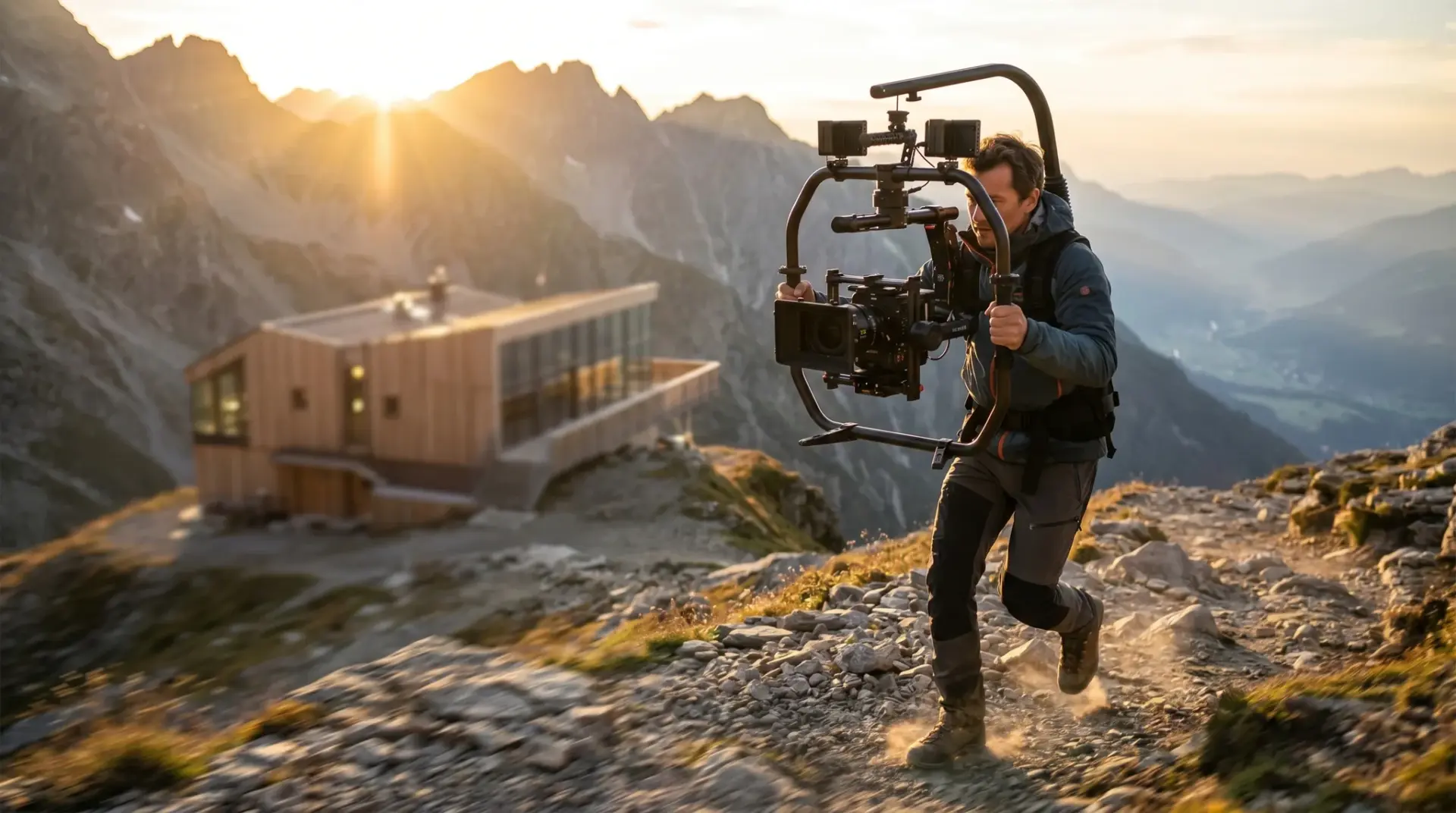B-Roll-Dreh mit Gimbal-Kamera an einem Drehort im Alpenraum bei Tageslicht
