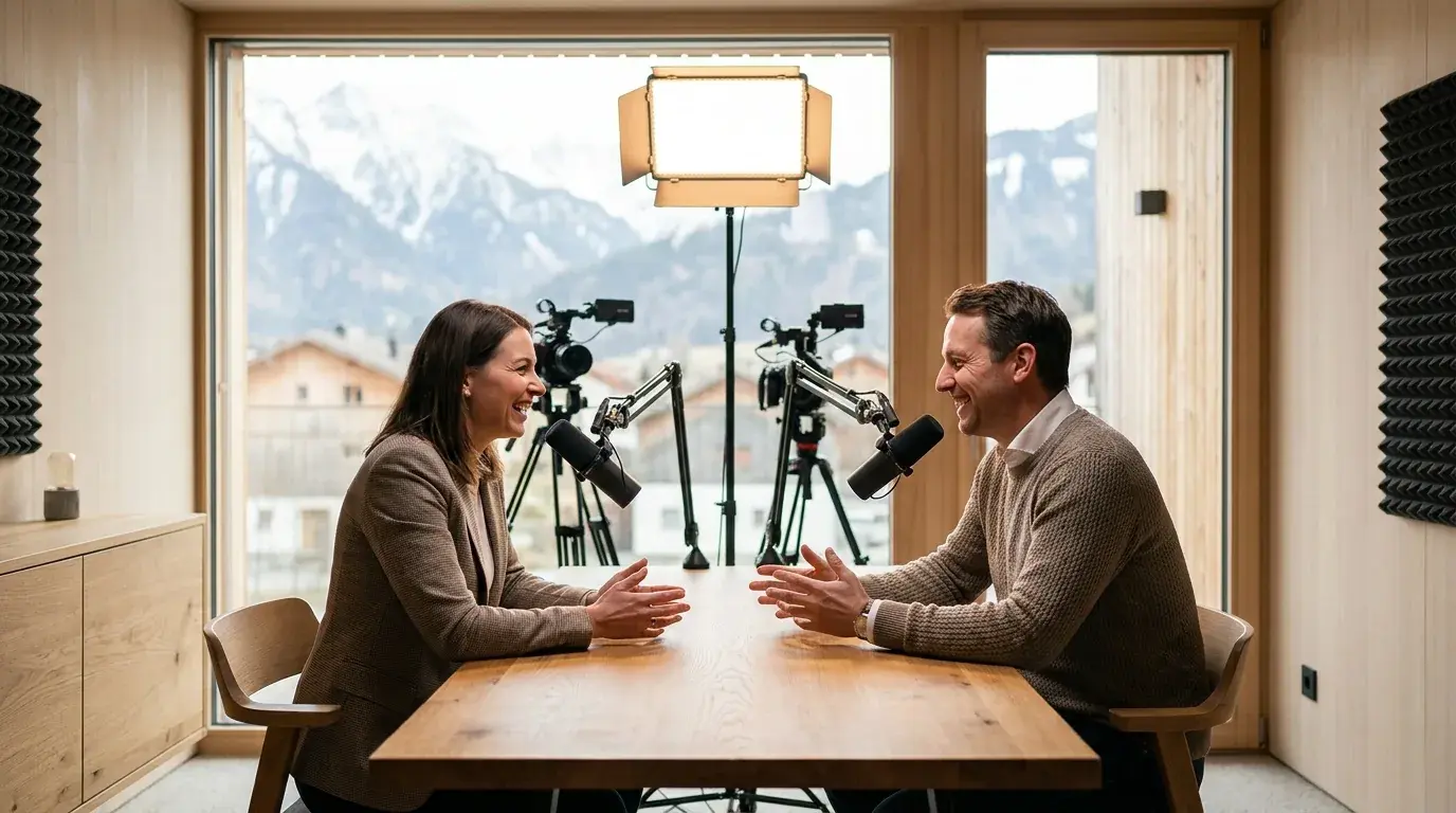 Zwei Personen im Gespräch bei einer Video-Podcast-Aufnahme im hellen Studio in Vorarlberg