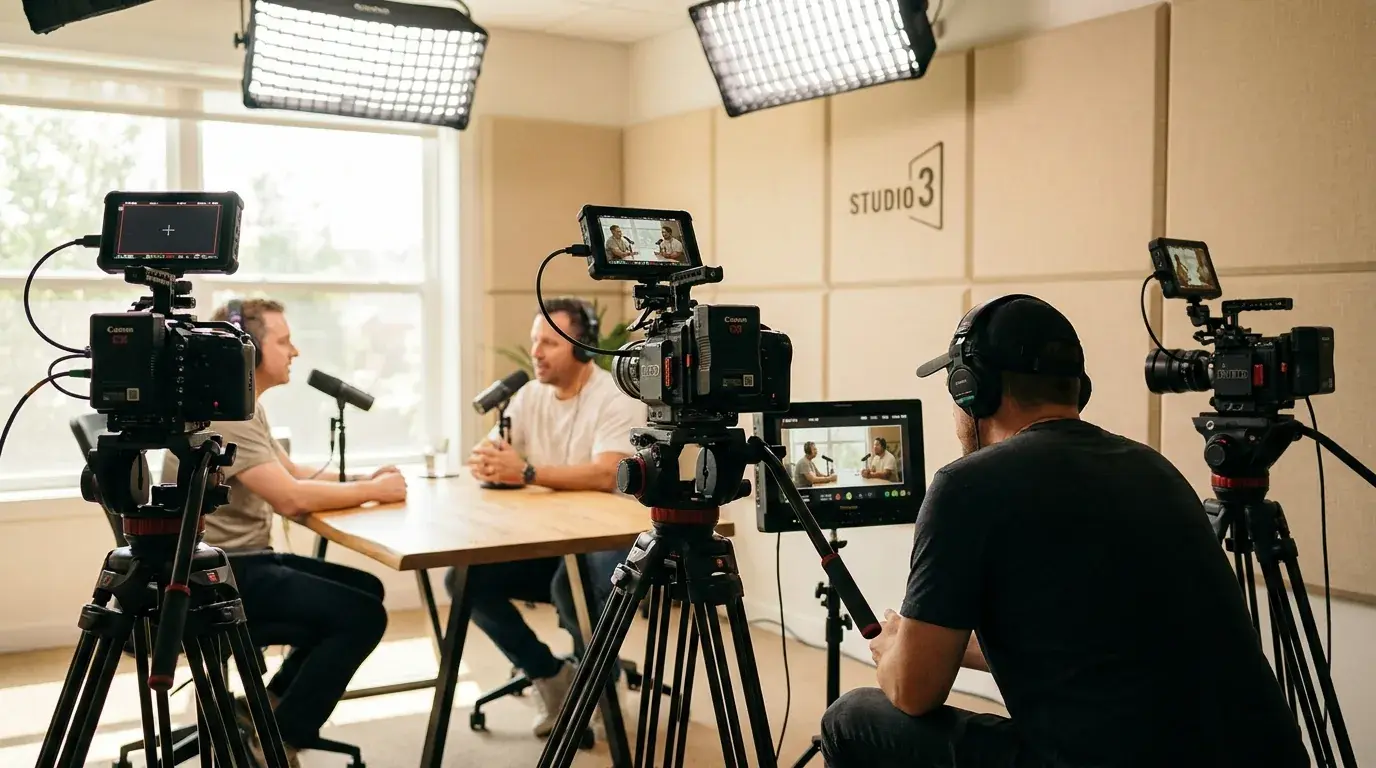 Mehrkamera-Setup mit drei Cinema-Kameras beim Video-Podcast-Dreh der MULTIMEDIAFABRIK