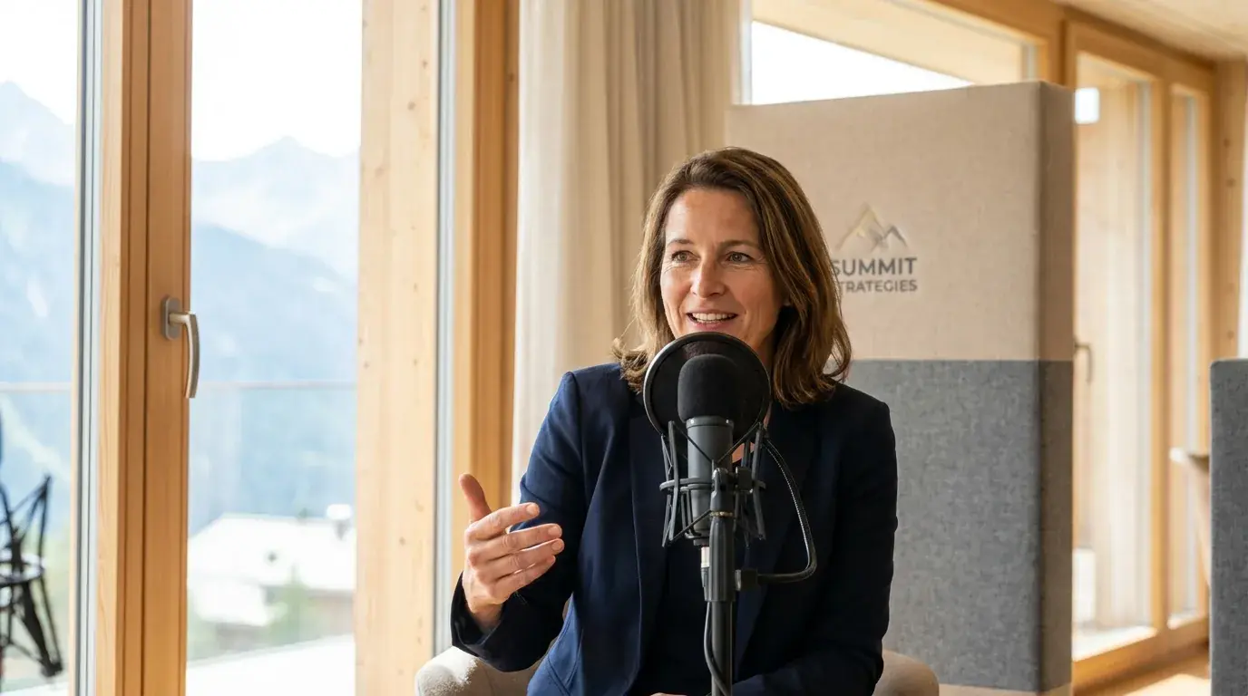 Geschäftsführerin nimmt einen Video-Podcast im hellen Studio mit Profi-Mikrofon auf