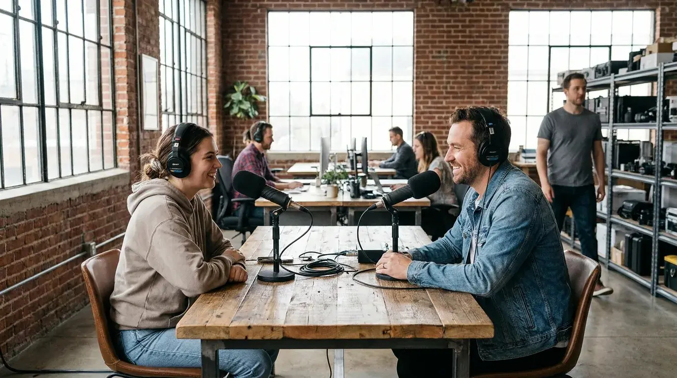 Authentisches Gespräch zwischen Mitarbeiter und Interviewer in einer hellen modernen Arbeitsumgebung