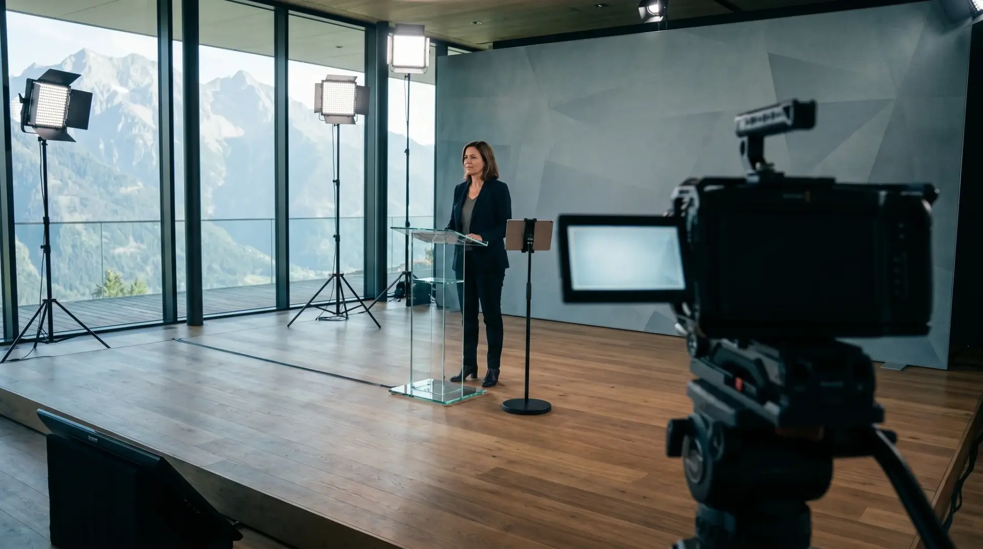 Fachsprecher hält ein broadcast-taugliches Webinar in einem professionellen Studio