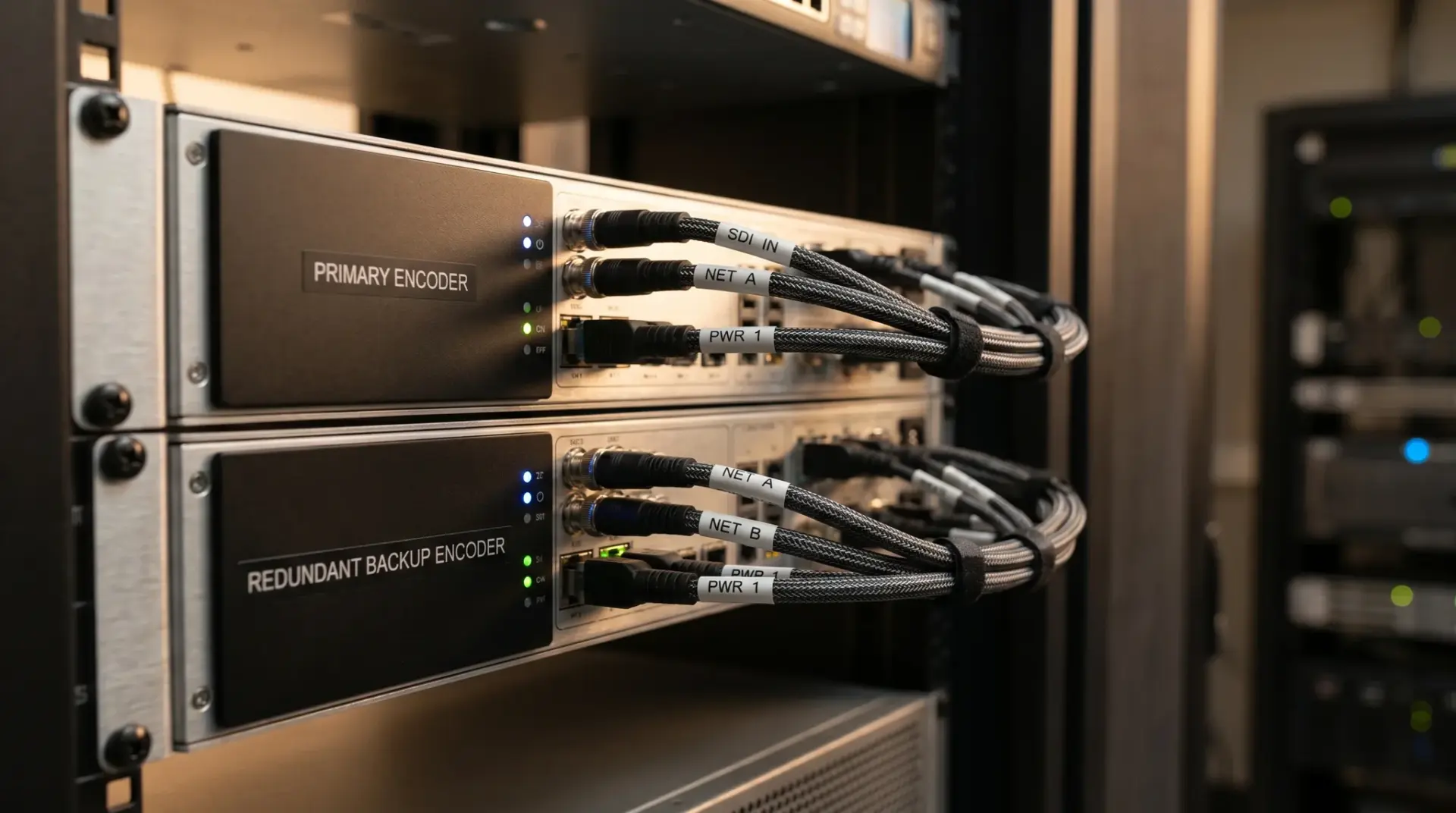 Detailaufnahme von Encoder und Backup-Stream-Technik für das Live-Webinar