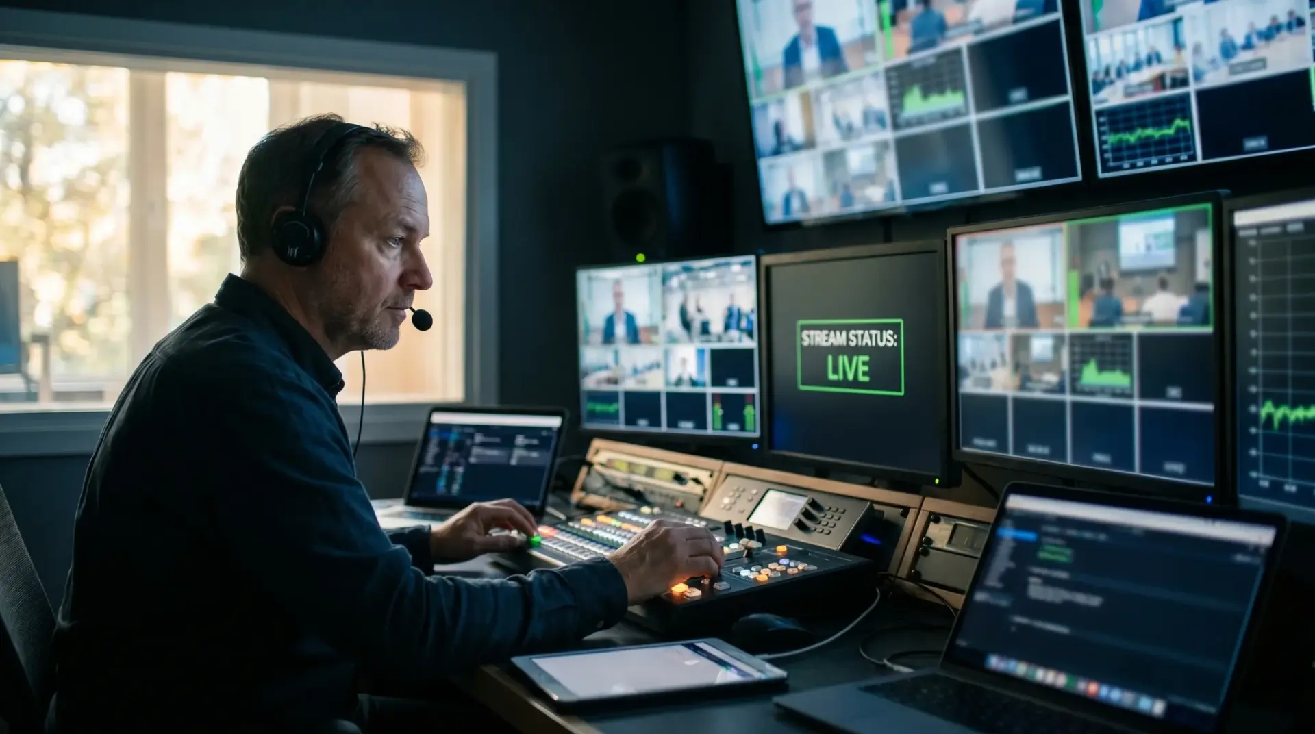 Live-Regie überwacht Bild, Ton und Stream während des Webinars an mehreren Monitoren