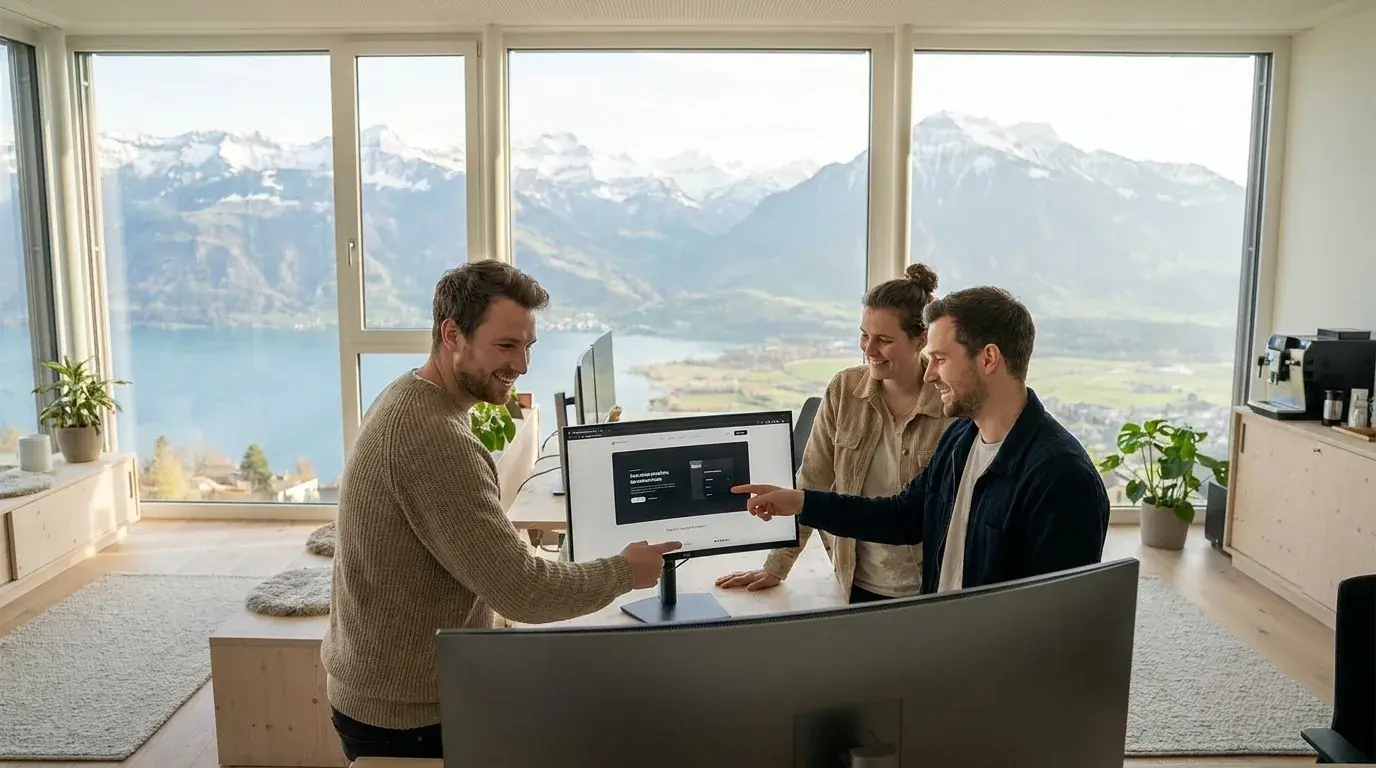 Kreatives Web-Team begutachtet eine Premium-Webseite auf einem großen Monitor im hellen Büro im Bodenseeraum