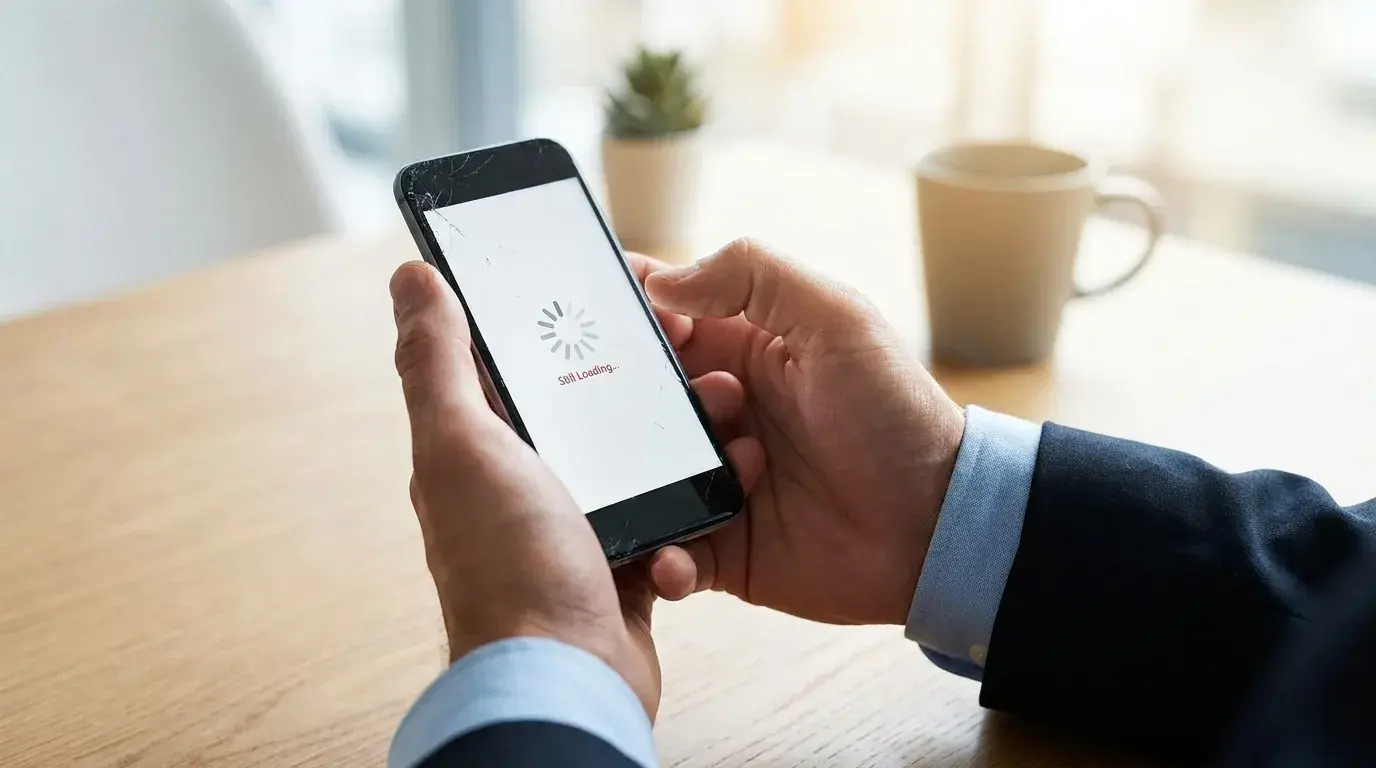 Person wartet am Smartphone auf eine langsam ladende mobile Webseite