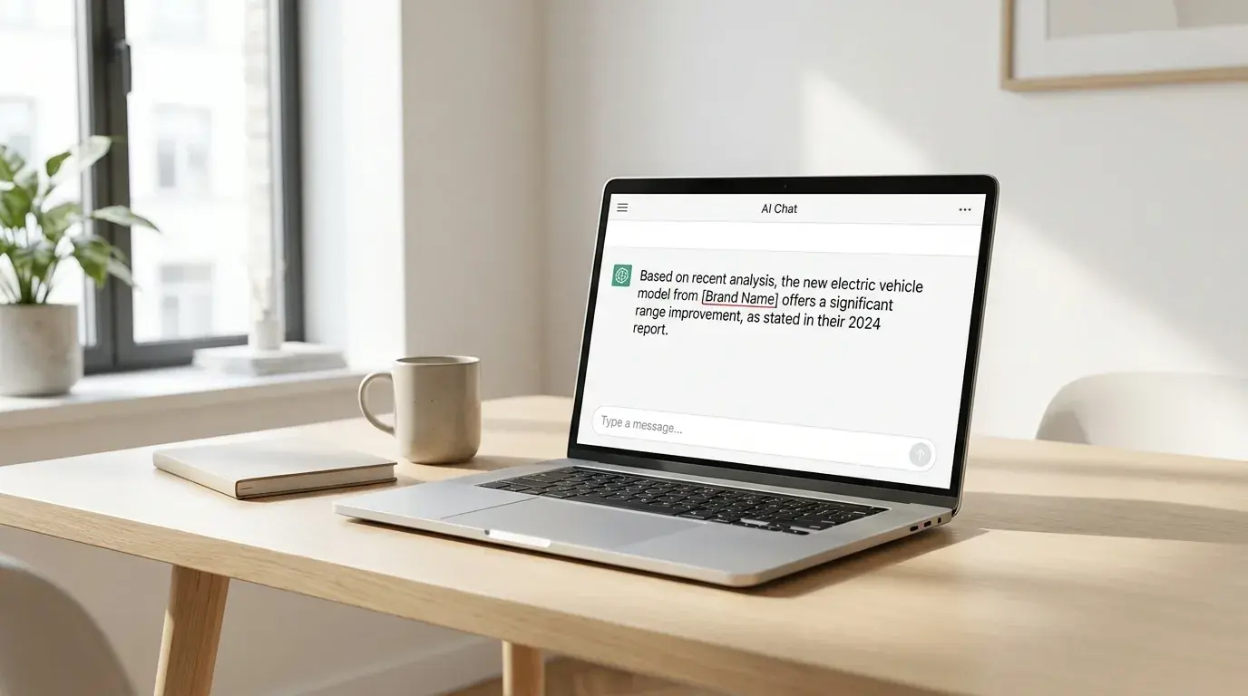 Laptop zeigt eine KI-Chat-Antwort, die eine Marke als Quelle zitiert, im hellen modernen Arbeitsplatz