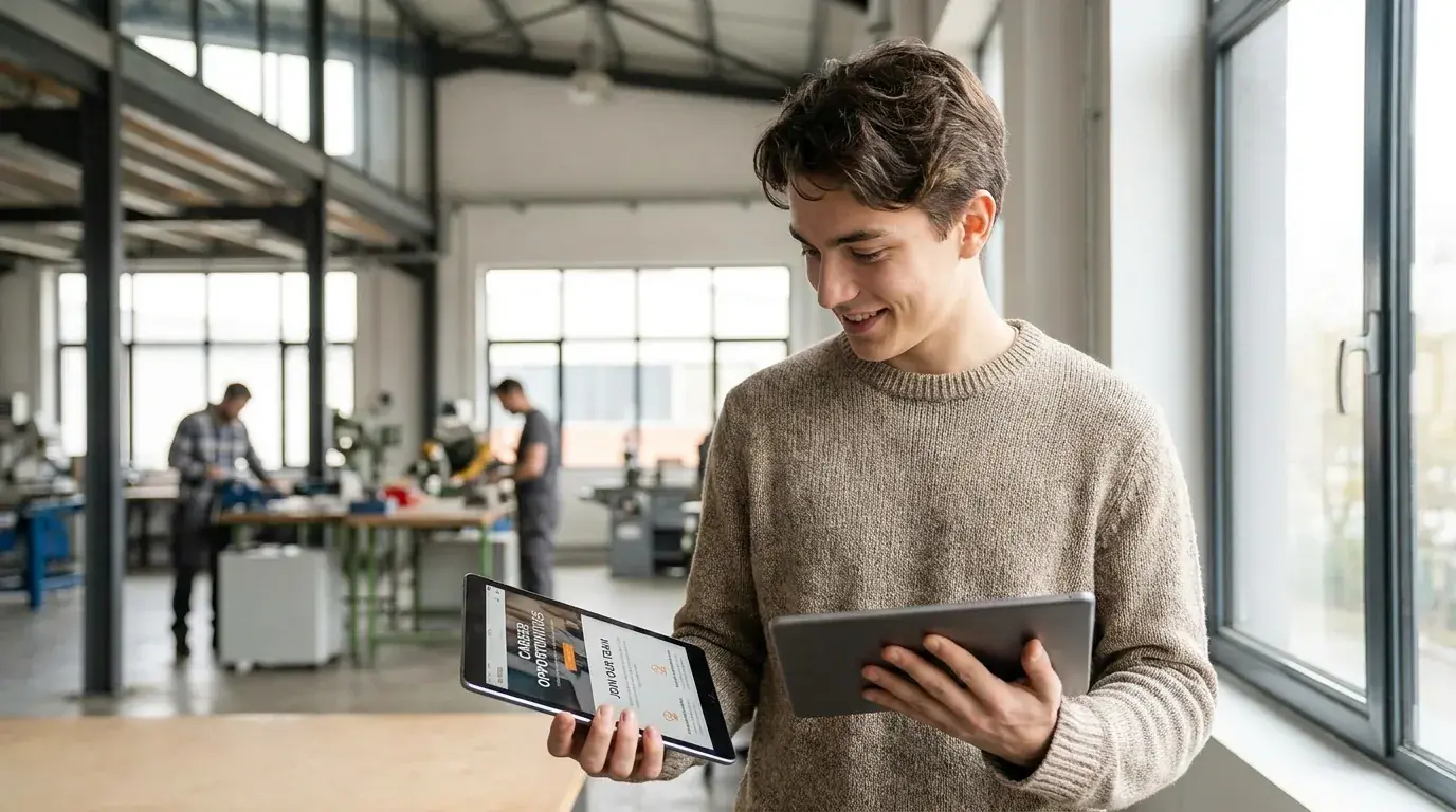 Junge Bewerberin betrachtet eine Karriereseite auf dem Tablet vor einer hellen modernen Werkshalle