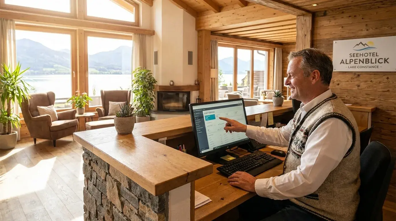 Hotelier prüft am hellen Empfang eines Alpenhotels Direktbuchungen am Bildschirm