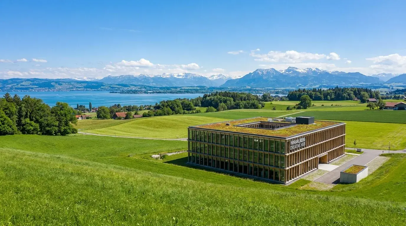 Modernes Agenturgebäude in der grünen Vorarlberger Landschaft mit Bodensee und Alpen im Hintergrund