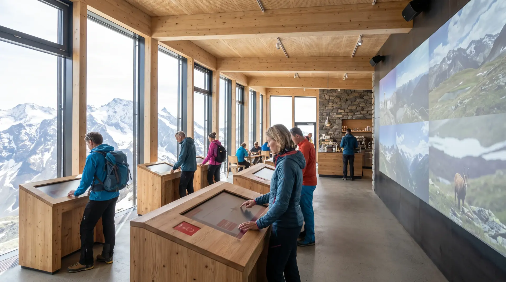 Besucher erkunden interaktive Stationen und eine Projektionswand in einer modernen Bergstation mit Panoramafenstern