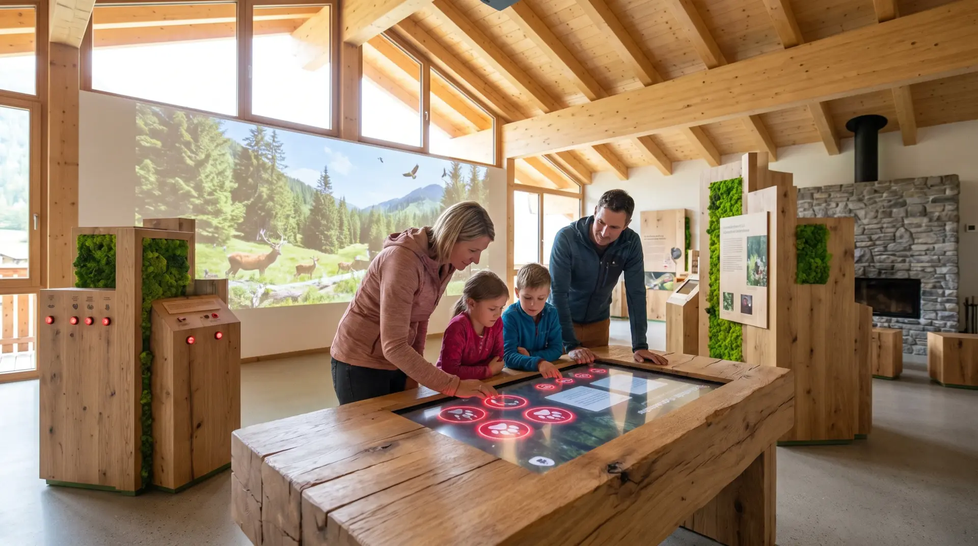 Familie entdeckt Tierspuren an einer Touch-Station in einem interaktiven Naturpark-Besucherzentrum