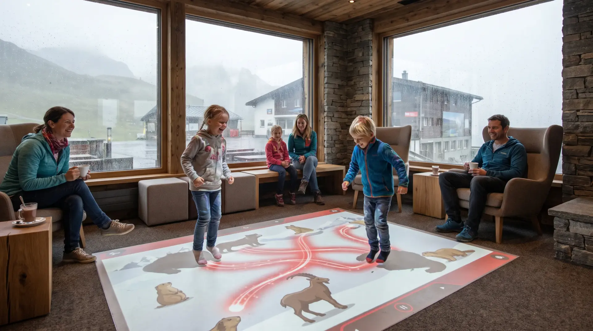 Kinder spielen auf einer interaktiven Bodenprojektion in der Bergstation, während es draußen regnet