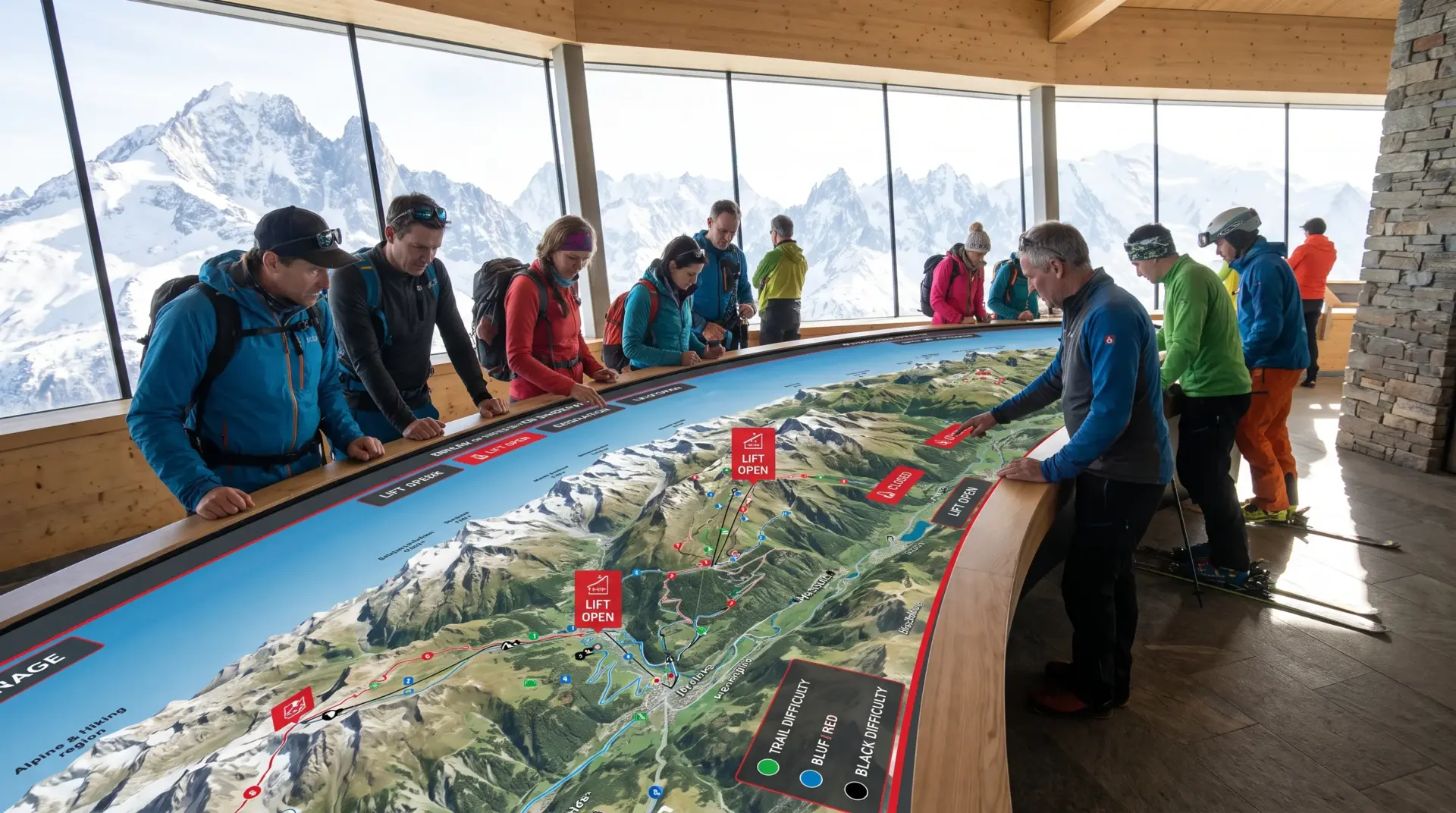 Gäste erkunden das 3D-Gelände der Region mit Liftstatus auf einem großen Panorama-Kartentisch